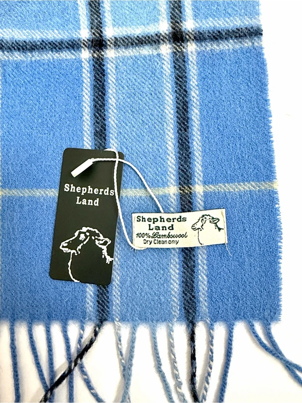 NWT Shepherds Land Lambswool Blue Tartan Plaid Fringe Scarf Women's Men's